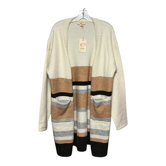 Entro Color Block Longline Open Front Knit Cardigan Beige Tan Grey Black Large - Picture 4 of 7